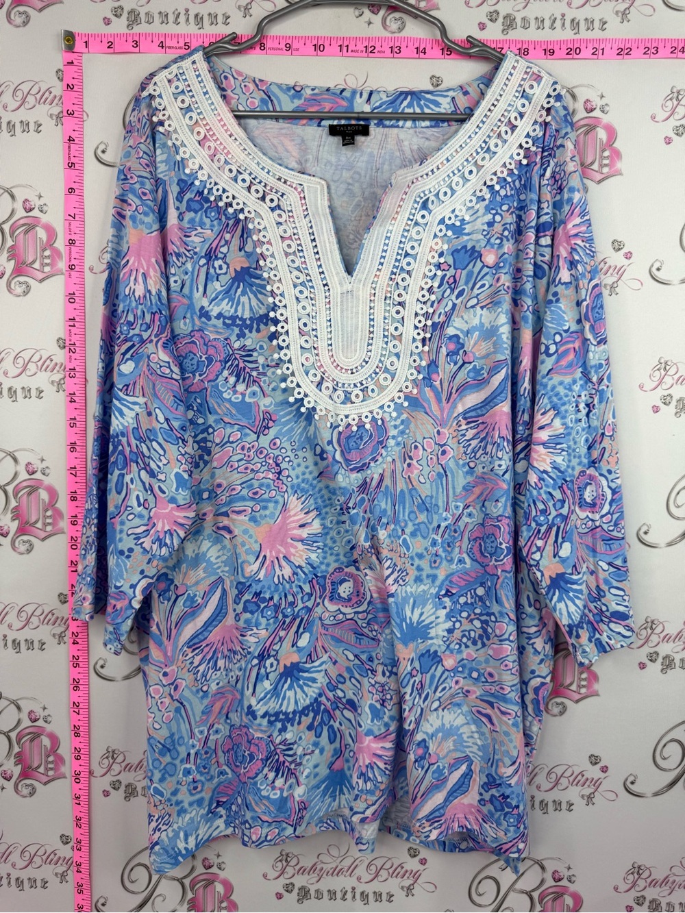 Talbots blouse pastel Blue and Pink Floral Embroidered Tunic